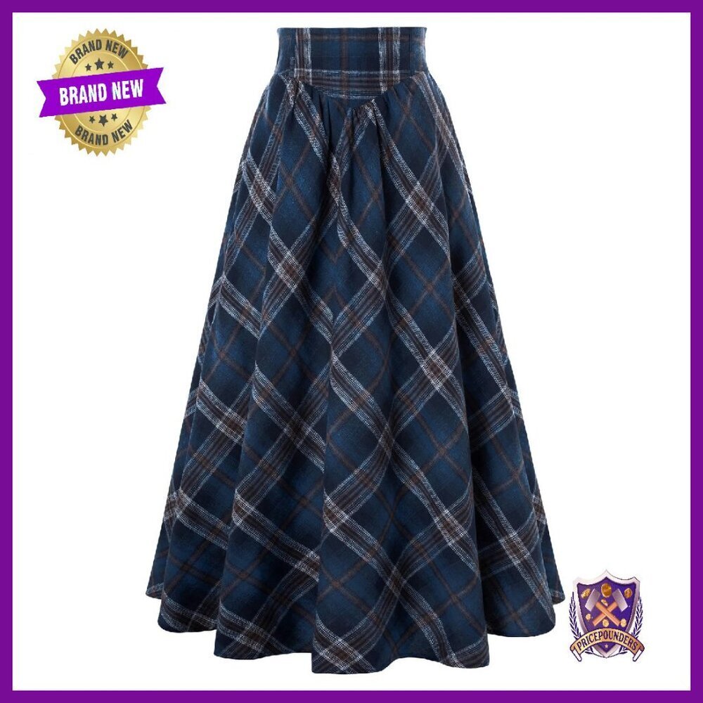 Victorian Maxi Skirt High Waist Elastic A-Line Plaid Long Skirt